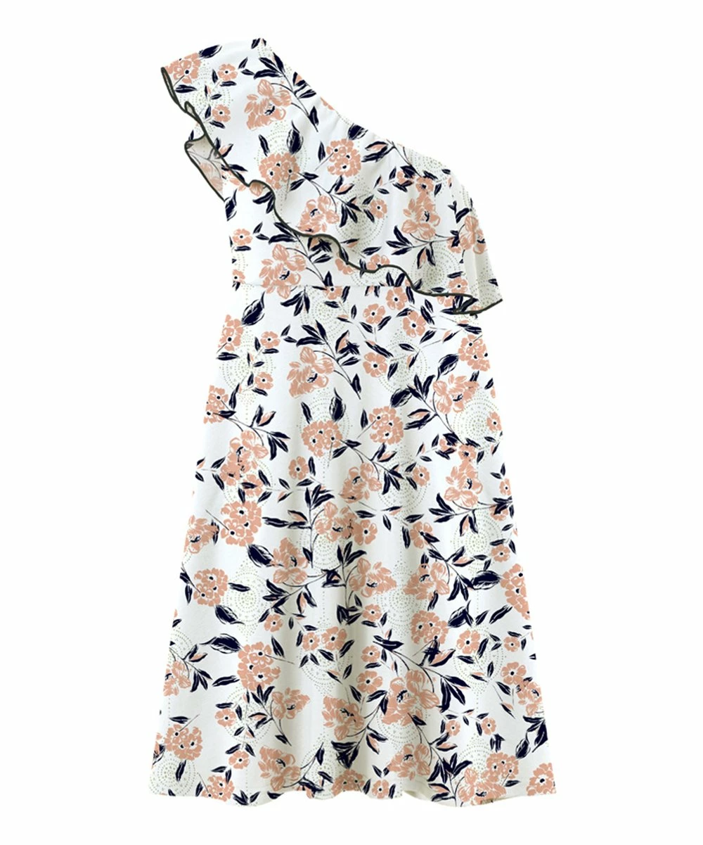Promo ๐งจ Trend Blossoms Ivory & Dusty Peach Floral Asymmetrical Sleeveless ๐ Dress - ๐ง Girls โ๏ธ 3 Promo ๐งจ Trend Blossoms Ivory & Dusty Peach Floral Asymmetrical Sleeveless ๐ Dress - ๐ง Girls โ๏ธ