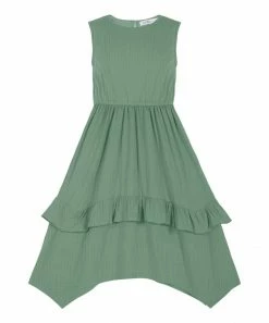 Wholesale ✔️ Trend Blossoms Light Green Crinkle Sleeveless Handkerchief 👗 Dress - 👧 Girls 😉