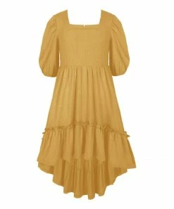 Wholesale 😀 Trend Blossoms Mustard Crinkle Hi-Low Peasant 👗 Dress - 👧 Girls 👏