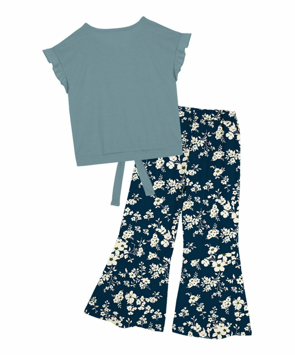 Wholesale ๐ Trend Blossoms Dusty Turquoise Floral Ruffle Knot-Front Top & Navy Flare Pants - ๐ง Girls ๐ฅ 5 Wholesale ๐ Trend Blossoms Dusty Turquoise Floral Ruffle Knot-Front Top & Navy Flare Pants - ๐ง Girls ๐ฅ - Image 3