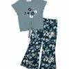 Wholesale 😍 Trend Blossoms Dusty Turquoise Floral Ruffle Knot-Front Top & Navy Flare Pants - 👧 Girls 🔥 -Trend Blossoms-shop zu110724964 main tm1668627310