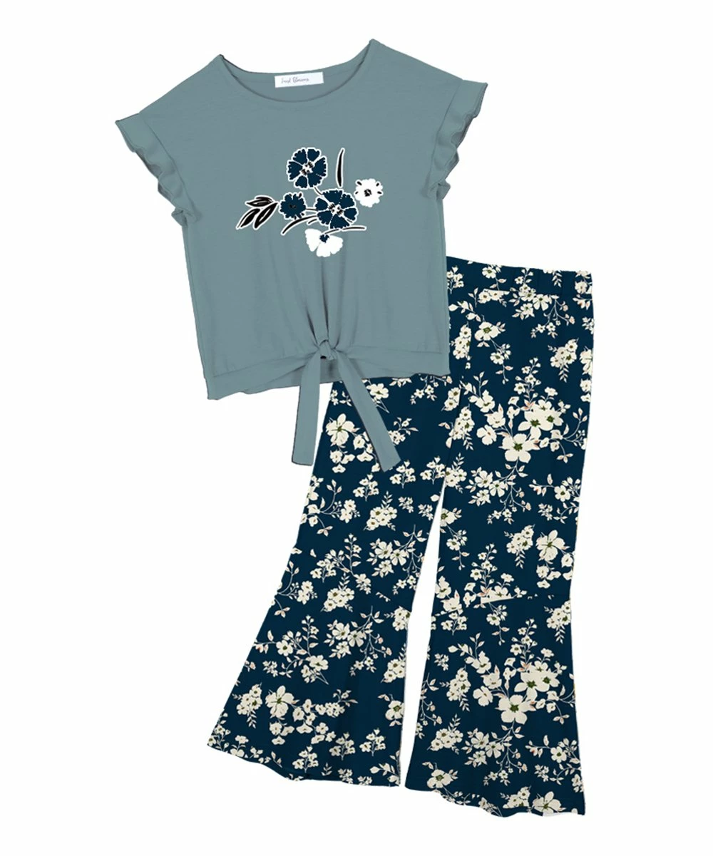 Wholesale ๐ Trend Blossoms Dusty Turquoise Floral Ruffle Knot-Front Top & Navy Flare Pants - ๐ง Girls ๐ฅ 3 Wholesale ๐ Trend Blossoms Dusty Turquoise Floral Ruffle Knot-Front Top & Navy Flare Pants - ๐ง Girls ๐ฅ