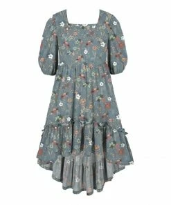 Coupon 😍 Trend Blossoms Dusty Blue & Pink Floral Hi-Low Peasant 👗 Dress - 👧 Girls 👍