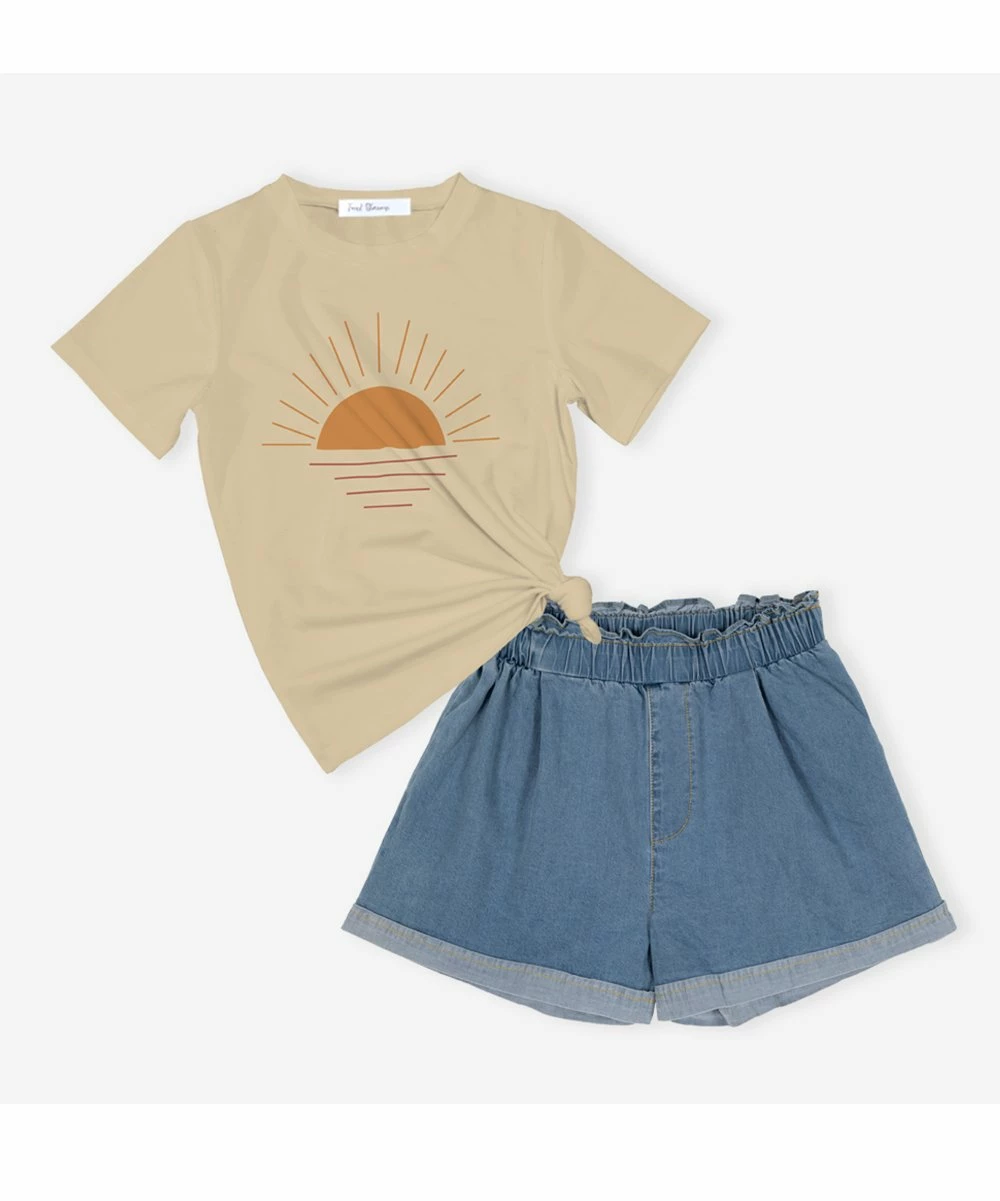 Best Pirce ๐ Trend Blossoms Cream Sun Graphic Tee & Blue Denim High-Waist Shorts - ๐ง Girls ๐คฉ 5 Best Pirce ๐ Trend Blossoms Cream Sun Graphic Tee & Blue Denim High-Waist Shorts - ๐ง Girls ๐คฉ - Image 3