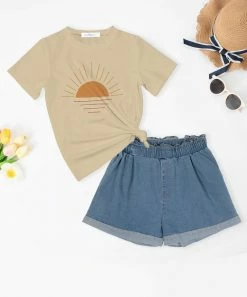 Best Pirce 😍 Trend Blossoms Cream Sun Graphic Tee & Blue Denim High-Waist Shorts - 👧 Girls 🤩