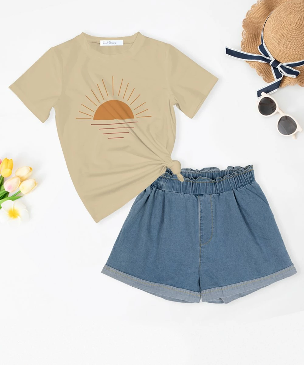 Best Pirce ๐ Trend Blossoms Cream Sun Graphic Tee & Blue Denim High-Waist Shorts - ๐ง Girls ๐คฉ 3 Best Pirce ๐ Trend Blossoms Cream Sun Graphic Tee & Blue Denim High-Waist Shorts - ๐ง Girls ๐คฉ