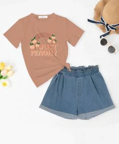 Coupon ✔️ Trend Blossoms Dusty Coral 'Just Peachy' Graphic Tee & Denim High-Waist Shorts - 👧 Girls ✔️