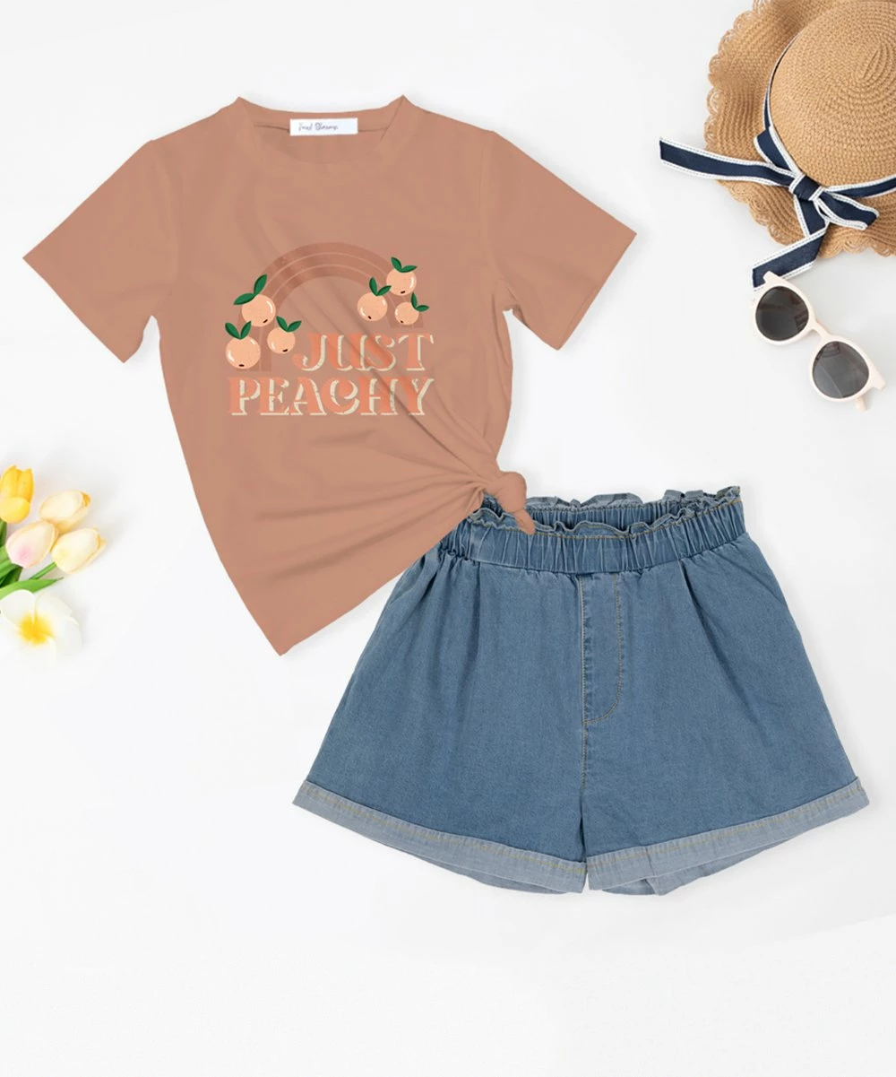 Coupon ✔️ Trend Blossoms Dusty Coral 'Just Peachy' Graphic Tee & Denim High-Waist Shorts - 👧 Girls ✔️ 3 Coupon ✔️ Trend Blossoms Dusty Coral 'Just Peachy' Graphic Tee & Denim High-Waist Shorts - 👧 Girls ✔️