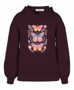 Deals 🎉 Trend Blossoms Wine Berry & Pink Floral Butterfly Puff-Sleeve Hoodie - 👧 Girls 😍