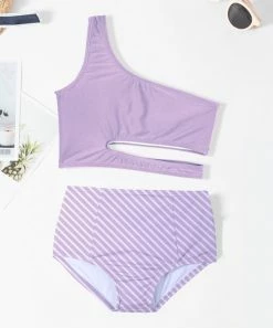 Outlet 🔥 Trend Blossoms Lavender & White Stripe Asymmetrical Cut-Out High-Waist 👙 Bikini - 👧 Girls ⌛