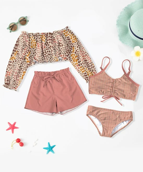 Brand new โจ Trend Blossoms Cream & Dusty Coral Dots & Stripe ๐ Bikini Set - ๐ง Girls โจ 3 Brand new โจ Trend Blossoms Cream & Dusty Coral Dots & Stripe ๐ Bikini Set - ๐ง Girls โจ