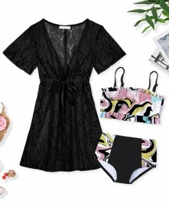 Top 10 💯 Trend Blossoms Dusty Pink & Black Abstract Bandeau High-Waist 👙 Bikini Set - 👧 Girls 🤩