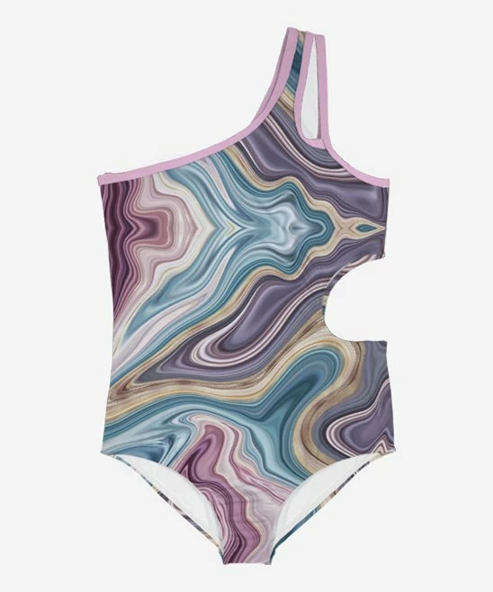 Budget โ๏ธ Trend Blossoms Dusty Purple & Blue Swirl Asymmetrical Cut-Out One-Piece - ๐ง Girls ๐ 4 Budget โ๏ธ Trend Blossoms Dusty Purple & Blue Swirl Asymmetrical Cut-Out One-Piece - ๐ง Girls ๐ - Image 2