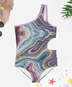 Budget ✔️ Trend Blossoms Dusty Purple & Blue Swirl Asymmetrical Cut-Out One-Piece - 👧 Girls 😀