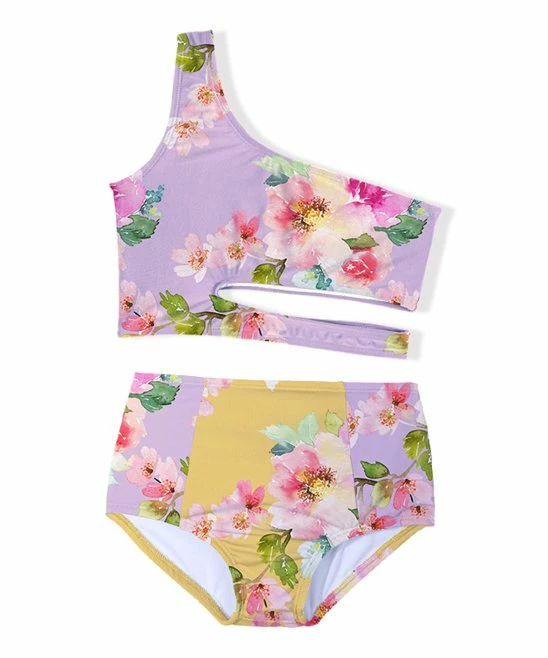Wholesale ⌛ Trend Blossoms Lavender & Pink Floral Asymmetrical Cut-Out High-Waist 👙 Bikini - 👧 Girls ✔️ 4 Wholesale ⌛ Trend Blossoms Lavender & Pink Floral Asymmetrical Cut-Out High-Waist 👙 Bikini - 👧 Girls ✔️ - Image 2