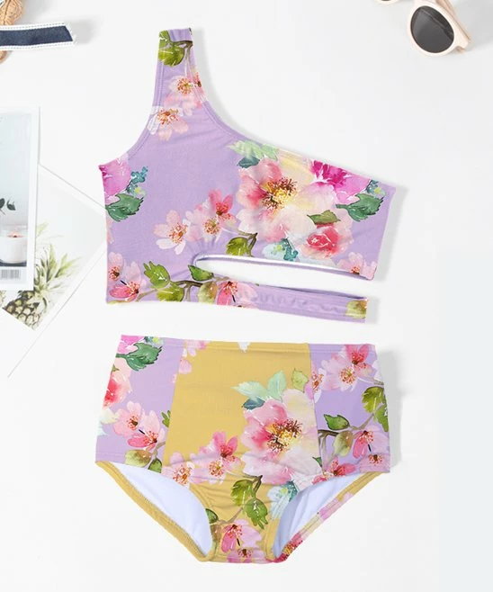 Wholesale ⌛ Trend Blossoms Lavender & Pink Floral Asymmetrical Cut-Out High-Waist 👙 Bikini - 👧 Girls ✔️ 3 Wholesale ⌛ Trend Blossoms Lavender & Pink Floral Asymmetrical Cut-Out High-Waist 👙 Bikini - 👧 Girls ✔️