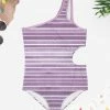 Best Sale 🔔 Trend Blossoms Dusty Purple Stripe Asymmetrical Cut-Out One-Piece - 👧 Girls 🤩