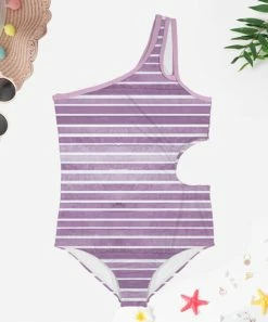 Best Sale 🔔 Trend Blossoms Dusty Purple Stripe Asymmetrical Cut-Out One-Piece - 👧 Girls 🤩