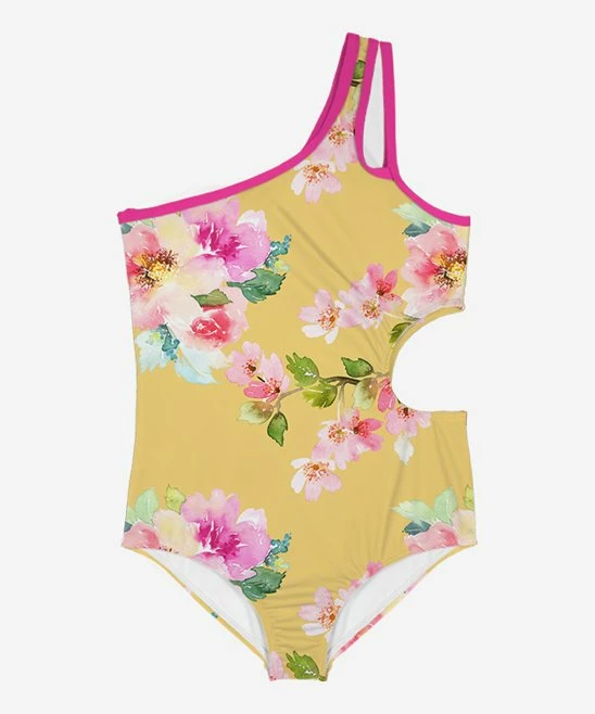 Cheapest 😀 Trend Blossoms Mustard & Pink Floral Asymmetrical Cut-Out One-Piece - 👧 Girls ✨ 4 Cheapest 😀 Trend Blossoms Mustard & Pink Floral Asymmetrical Cut-Out One-Piece - 👧 Girls ✨ - Image 2