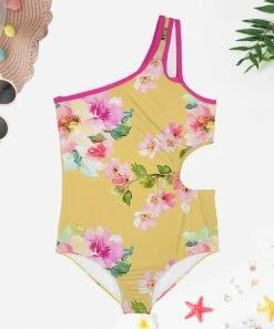 Cheapest 😀 Trend Blossoms Mustard & Pink Floral Asymmetrical Cut-Out One-Piece - 👧 Girls ✨