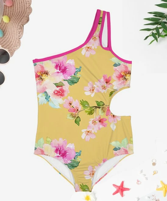 Cheapest 😀 Trend Blossoms Mustard & Pink Floral Asymmetrical Cut-Out One-Piece - 👧 Girls ✨ 3 Cheapest 😀 Trend Blossoms Mustard & Pink Floral Asymmetrical Cut-Out One-Piece - 👧 Girls ✨