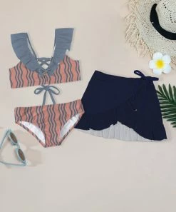 Discount 😍 Trend Blossoms Dusty Pink & Dusty Blue Stripe Flutter-Sleeve 👙 Bikini Set - 👧 Girls 🔔