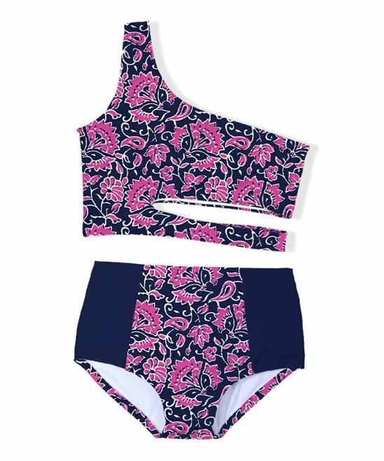 Best Pirce 🔔 Trend Blossoms Navy & Pink Floral Asymmetrical Cut-Out High-Waist 👙 Bikini - 👧 Girls ⭐ 4 Best Pirce 🔔 Trend Blossoms Navy & Pink Floral Asymmetrical Cut-Out High-Waist 👙 Bikini - 👧 Girls ⭐ - Image 2