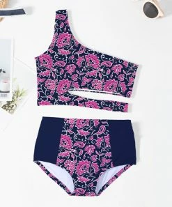 Best Pirce 🔔 Trend Blossoms Navy & Pink Floral Asymmetrical Cut-Out High-Waist 👙 Bikini - 👧 Girls ⭐