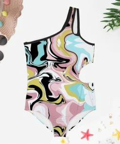 New 👏 Trend Blossoms Dusty Pink & Light Blue Swirl Asymmetrical Cut-Out One-Piece - 👧 Girls 🛒