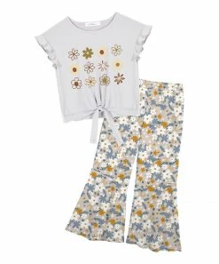 Best reviews of 😀 Trend Blossoms White Floral Knot-Front Top & Beige Flare Pants - 👧 Girls 👏