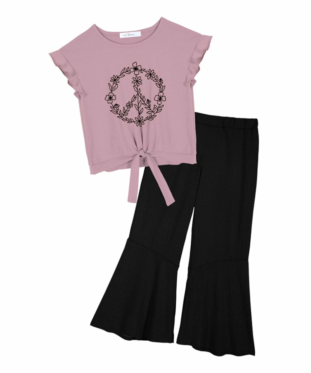 Coupon ๐ฏ Trend Blossoms Pink Floral Peace Sign Knot-Front Top & Black Crinkle Flare Pants - ๐ง Girls ๐ 3 Coupon ๐ฏ Trend Blossoms Pink Floral Peace Sign Knot-Front Top & Black Crinkle Flare Pants - ๐ง Girls ๐