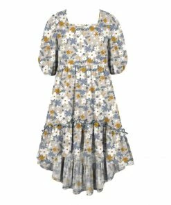Promo 🎁 Trend Blossoms Dusty Blue & Beige Floral Hi-Low Peasant 👗 Dress - 👧 Girls 🎉