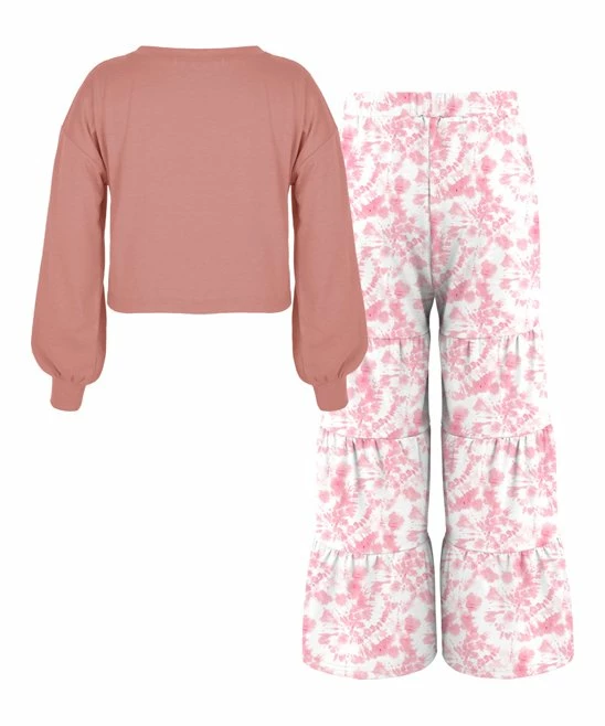 New ❤️ Trend Blossoms Peach Pink Bishop-Sleeve Crewneck Top & Light Pink Tie-Dye Lounge Pants - 👧 Girls 😉 5 New ❤️ Trend Blossoms Peach Pink Bishop-Sleeve Crewneck Top & Light Pink Tie-Dye Lounge Pants - 👧 Girls 😉 - Image 3