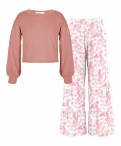 New ❤️ Trend Blossoms Peach Pink Bishop-Sleeve Crewneck Top & Light Pink Tie-Dye Lounge Pants - 👧 Girls 😉