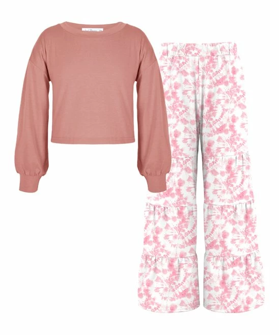 New ❤️ Trend Blossoms Peach Pink Bishop-Sleeve Crewneck Top & Light Pink Tie-Dye Lounge Pants - 👧 Girls 😉 3 New ❤️ Trend Blossoms Peach Pink Bishop-Sleeve Crewneck Top & Light Pink Tie-Dye Lounge Pants - 👧 Girls 😉