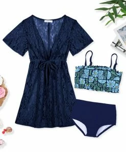 Best Sale 👏 Trend Blossoms Light Blue & Navy Floral Bandeau High-Waist 👙 Bikini Set - 👧 Girls 🌟