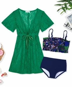 Coupon ❤️ Trend Blossoms Navy Abstract Bandeau High-Waist 👙 Bikini Set - 👧 Girls 🔔