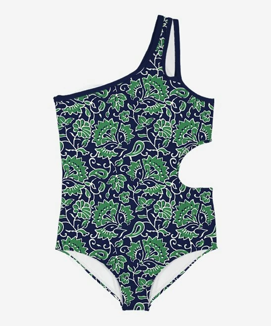 Brand new 🤩 Trend Blossoms Navy & Green Floral Asymmetrical Cut-Out One-Piece - 👧 Girls 😀 4 Brand new 🤩 Trend Blossoms Navy & Green Floral Asymmetrical Cut-Out One-Piece - 👧 Girls 😀 - Image 2