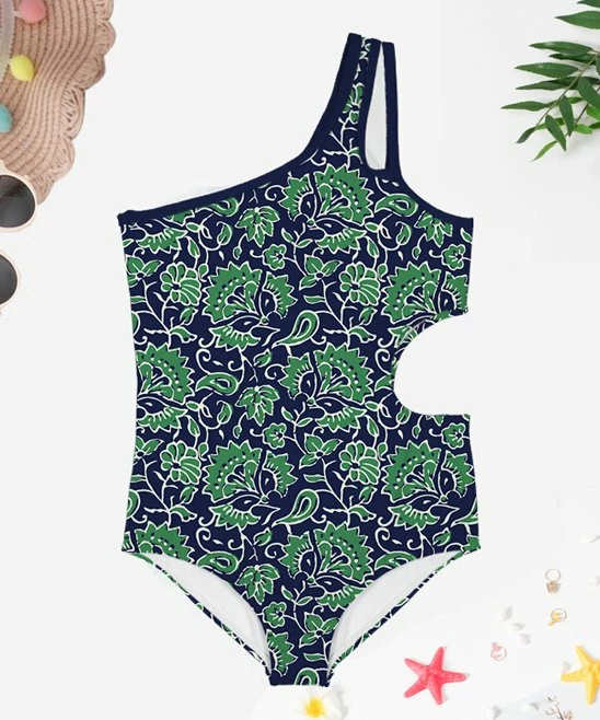 Brand new 🤩 Trend Blossoms Navy & Green Floral Asymmetrical Cut-Out One-Piece - 👧 Girls 😀 3 Brand new 🤩 Trend Blossoms Navy & Green Floral Asymmetrical Cut-Out One-Piece - 👧 Girls 😀