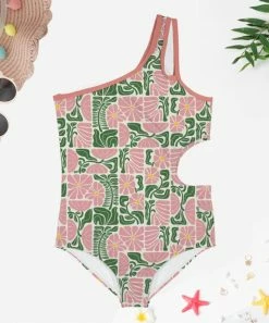 Coupon 🥰 Trend Blossoms Dusty Pink & Green Floral Asymmetrical Cut-Out One-Piece - 👧 Girls ⌛