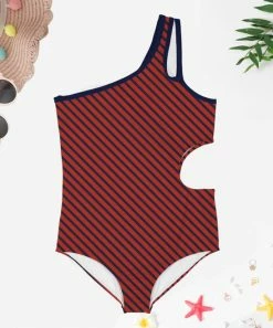 Brand new 💯 Trend Blossoms Red & Navy Stripe Asymmetrical Cut-Out One-Piece - 👧 Girls 😍