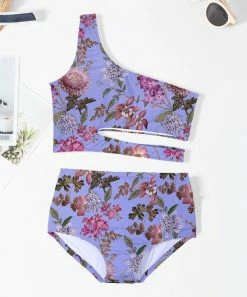 Promo 💯 Trend Blossoms Periwinkle & Pink Floral Asymmetrical Cut-Out High-Waist 👙 Bikini - 👧 Girls 👏