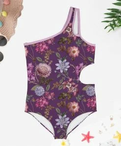 Best Pirce 💯 Trend Blossoms Purple & Pink Floral Asymmetrical Cut-Out One-Piece - 👧 Girls 🛒