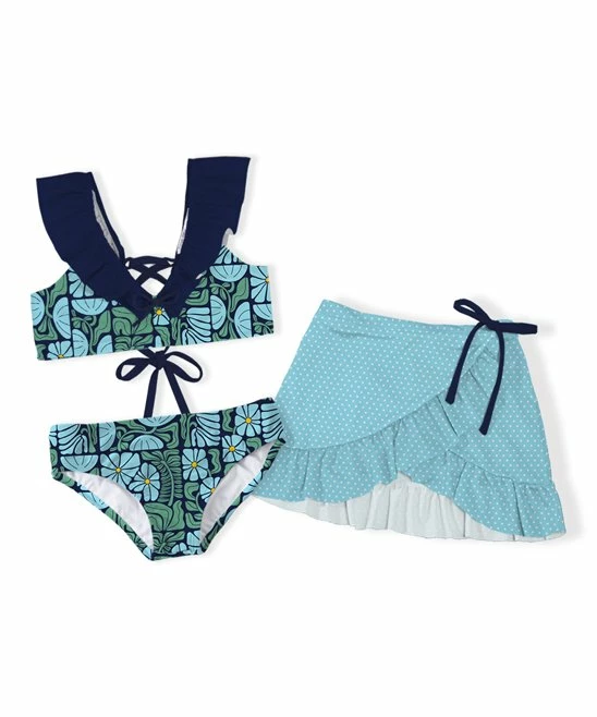 Cheapest ✨ Trend Blossoms Navy & Light Blue Geometric Flutter-Sleeve 👙 Bikini Set - 👧 Girls ⭐ 4 Cheapest ✨ Trend Blossoms Navy & Light Blue Geometric Flutter-Sleeve 👙 Bikini Set - 👧 Girls ⭐ - Image 2