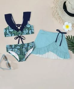 Cheapest ✨ Trend Blossoms Navy & Light Blue Geometric Flutter-Sleeve 👙 Bikini Set - 👧 Girls ⭐