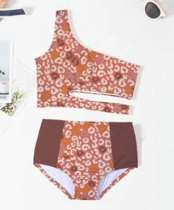 Discount 🧨 Trend Blossoms Dusty Coral Leopard Asymmetrical Cut-Out High-Waist 👙 Bikini - 👧 Girls 👏