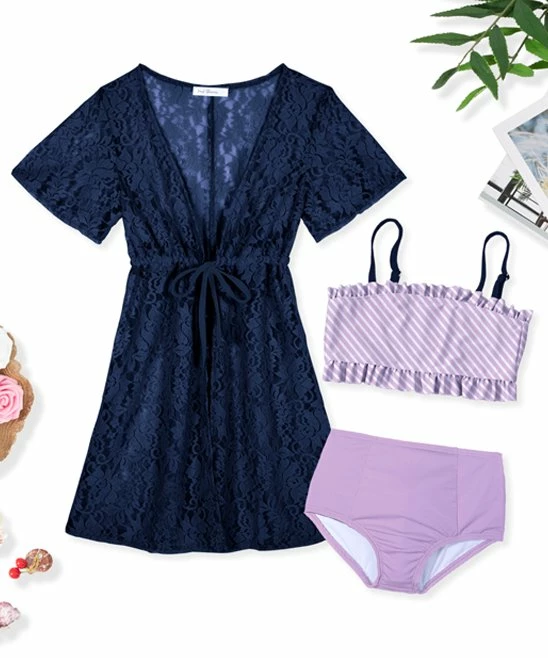 Cheap 🔔 Trend Blossoms Lavender Stripe Bandeau High-Waist 👙 Bikini Set - 👧 Girls 🔥 3 Cheap 🔔 Trend Blossoms Lavender Stripe Bandeau High-Waist 👙 Bikini Set - 👧 Girls 🔥