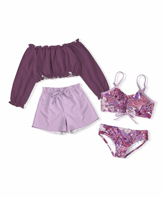 Best Pirce ✔️ Trend Blossoms Plum & Dusty Pink Abstract 👙 Bikini Set - 👧 Girls 🔔 4 Best Pirce ✔️ Trend Blossoms Plum & Dusty Pink Abstract 👙 Bikini Set - 👧 Girls 🔔 - Image 2