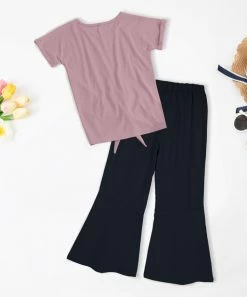 Brand new 👍 Trend Blossoms Dusty Pink Floral Peace Knot-Hem Tee & Navy Crinkle Flare Pants - 👧 Girls 🎉 -Trend Blossoms-shop zu110746218 alt 1 tm1668870340
