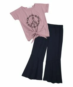 Brand new 👍 Trend Blossoms Dusty Pink Floral Peace Knot-Hem Tee & Navy Crinkle Flare Pants - 👧 Girls 🎉 -Trend Blossoms-shop zu110746218 alt 2 tm1668870340